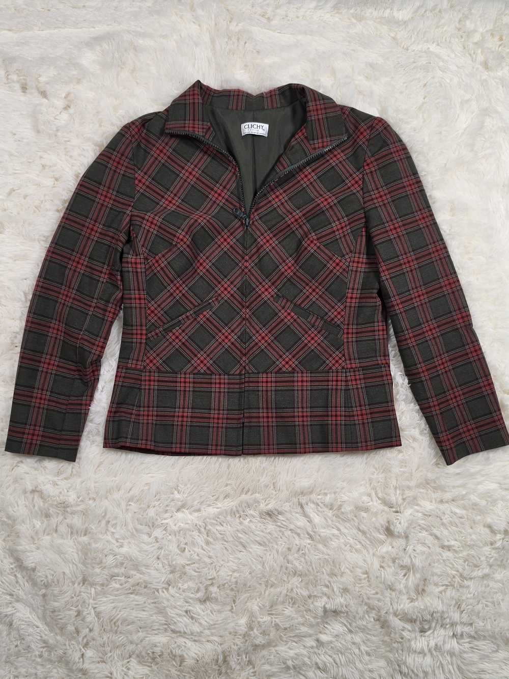 Red & Olive Grey Plaid Full Zip Women's Jacket By Clichy Size 4 Size Small